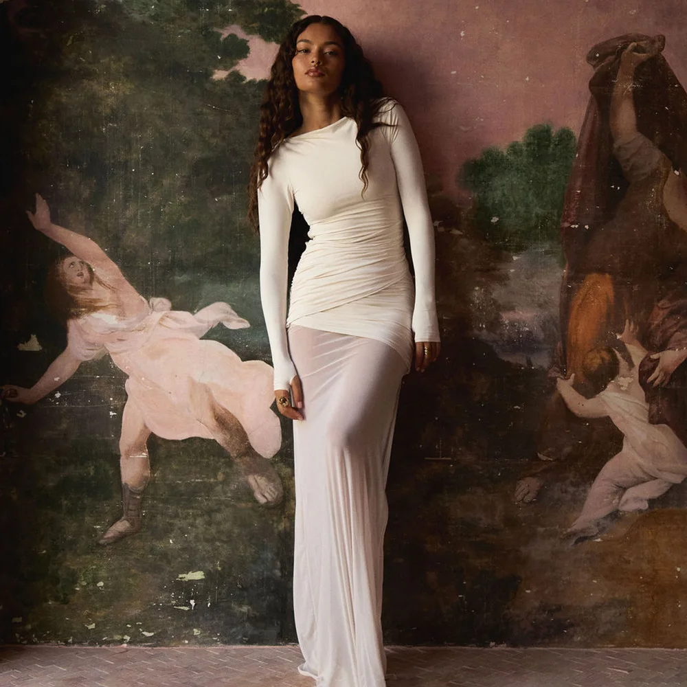 Apprabant Women Fall Winter Sheer Mesh Ruched Maxi Dress Sexy Slim Fit Long Sleeve Side Slit Backless Tie Elegant Partywear