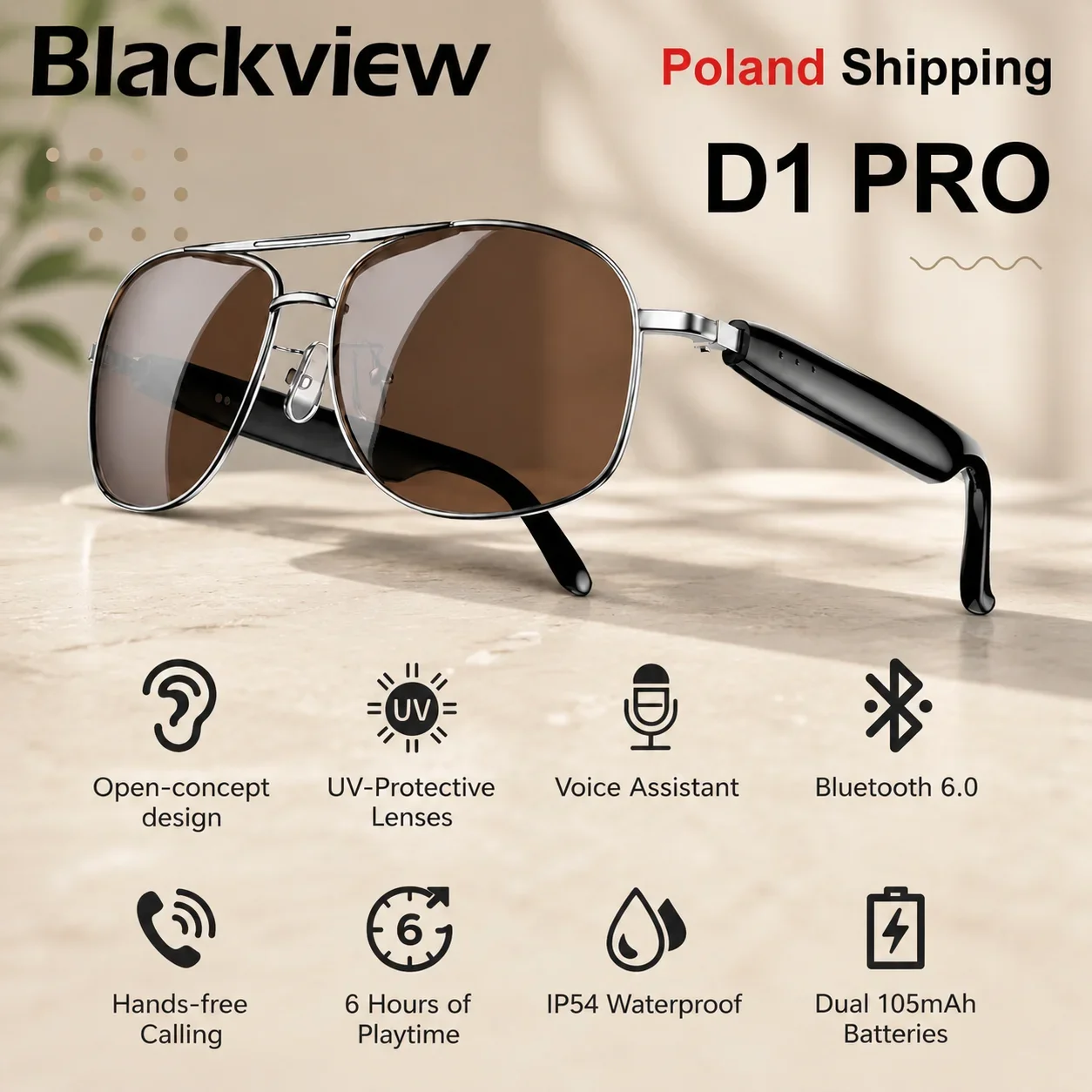 [Spedizione dalla Polonia] Occhiali intelligenti Blackview D1 Pro con funzionalità Bluetooth, altoparlante impermeabile, grado di protezione IP54, campo sonoro aperto, assistente vocale, protezione UV