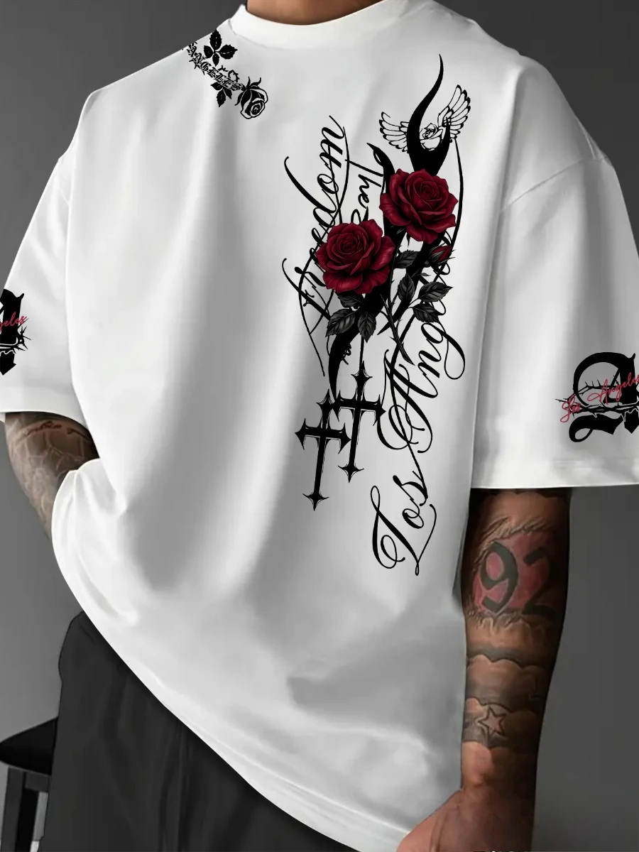 Dark Aesthetic Rose Letter Print Graphic Tee Streetwear Vintage Simple Casual Crew Neck Gothic Tshirt Unisex Plus Size Loose Fit