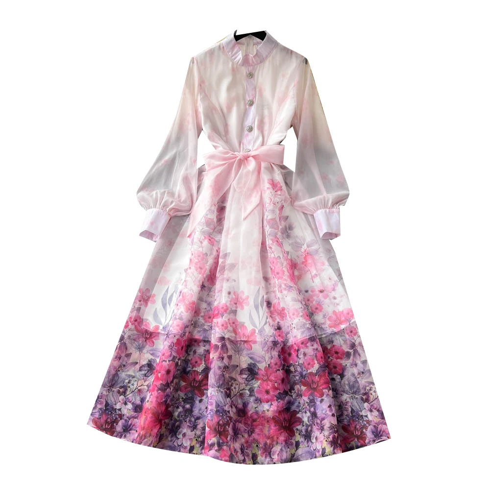 Retro Stand Collar Long Sve Floral Chiffon Dr Women's Spring Autumn New Sle Belted Waist Flared Long Skirt