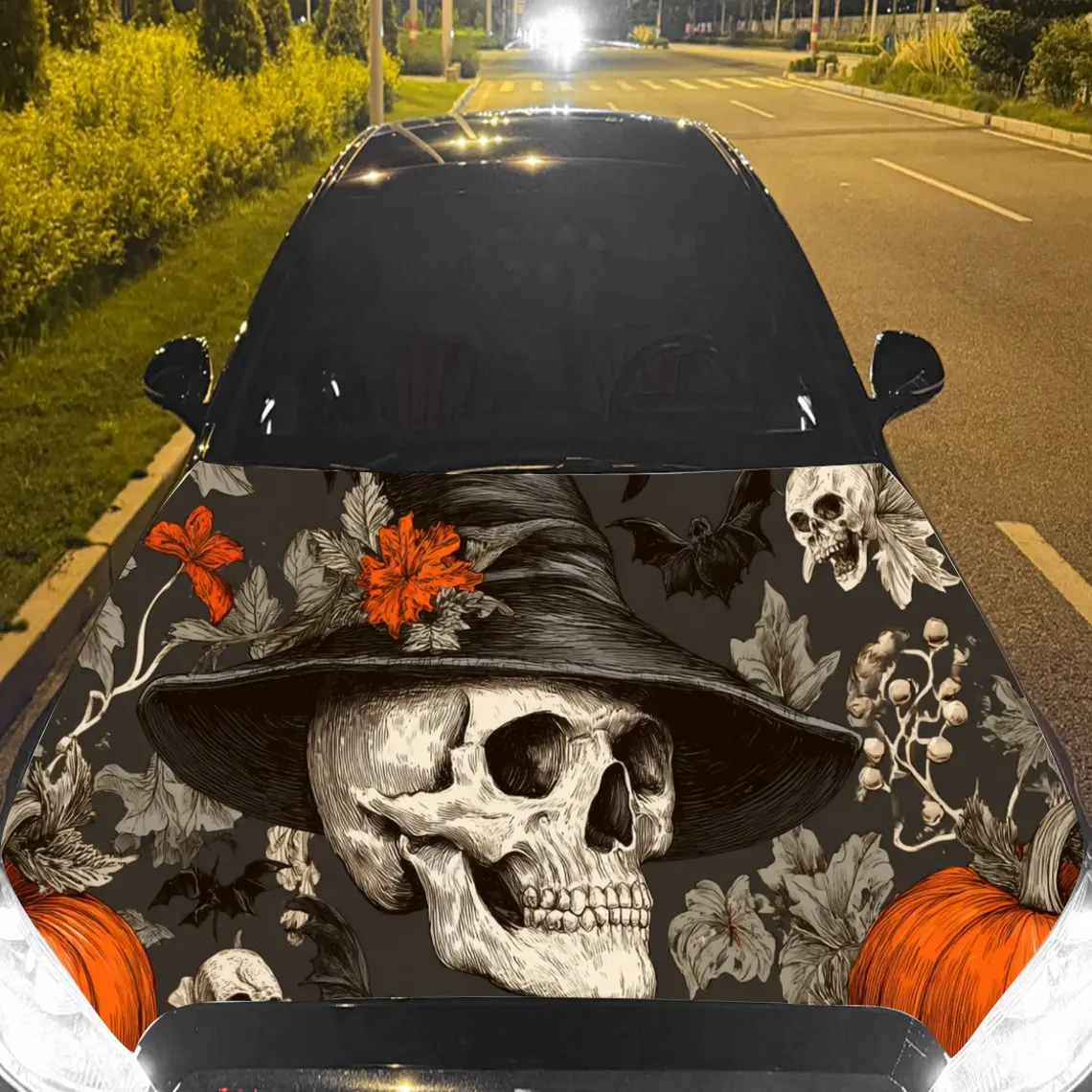 

Romantic Flower - Adorned Skull Car Hood Stickers - Self-Adhesive, Waterproof and Durable Vinyl Wrap, Decorate And Protect Your