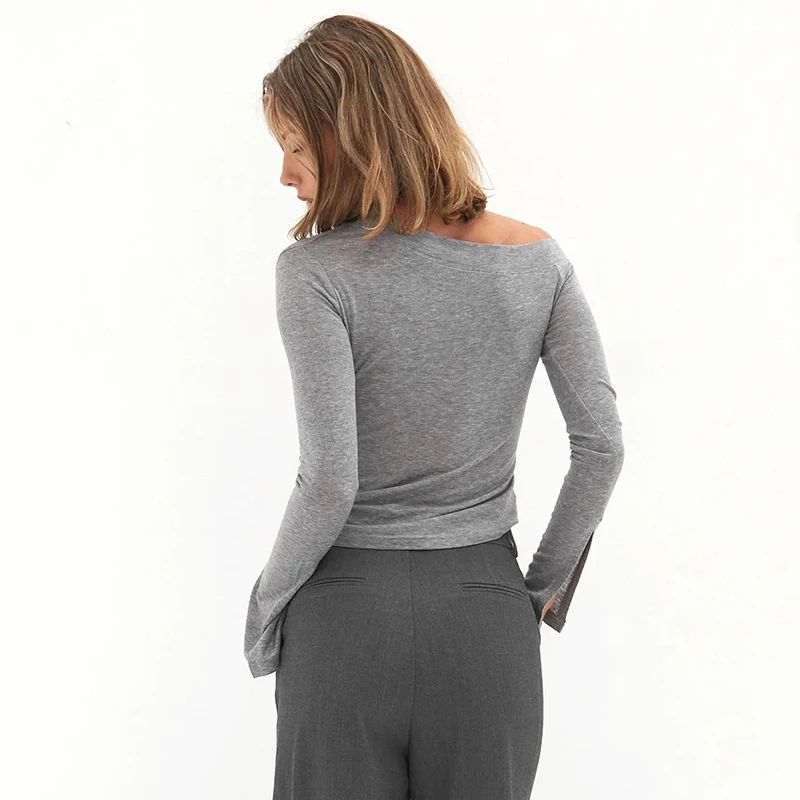 CUTENOVA Damen-Herbst-Neuankömmling, vielseitiges, einfarbiges, schulterfreies, langärmliges, schlitzes, tailliertes, schmal geschnittenes T-Shirt, lässiges Oberteil