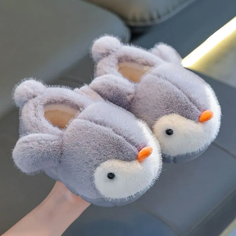 Warm Fuzzy Autumn Winter Kids Slippers Cuddly Penguin Design Slip on Shoes for Girls Cotton Baby Footwear​