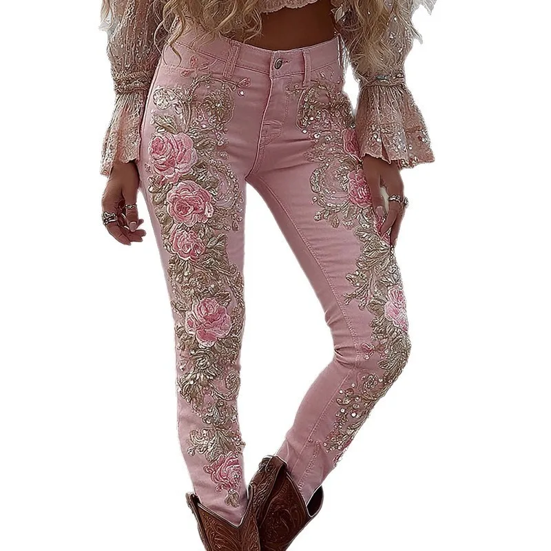 

Womens Floral Print Jeans European American Style Straight Leg Casual Denim Pants
