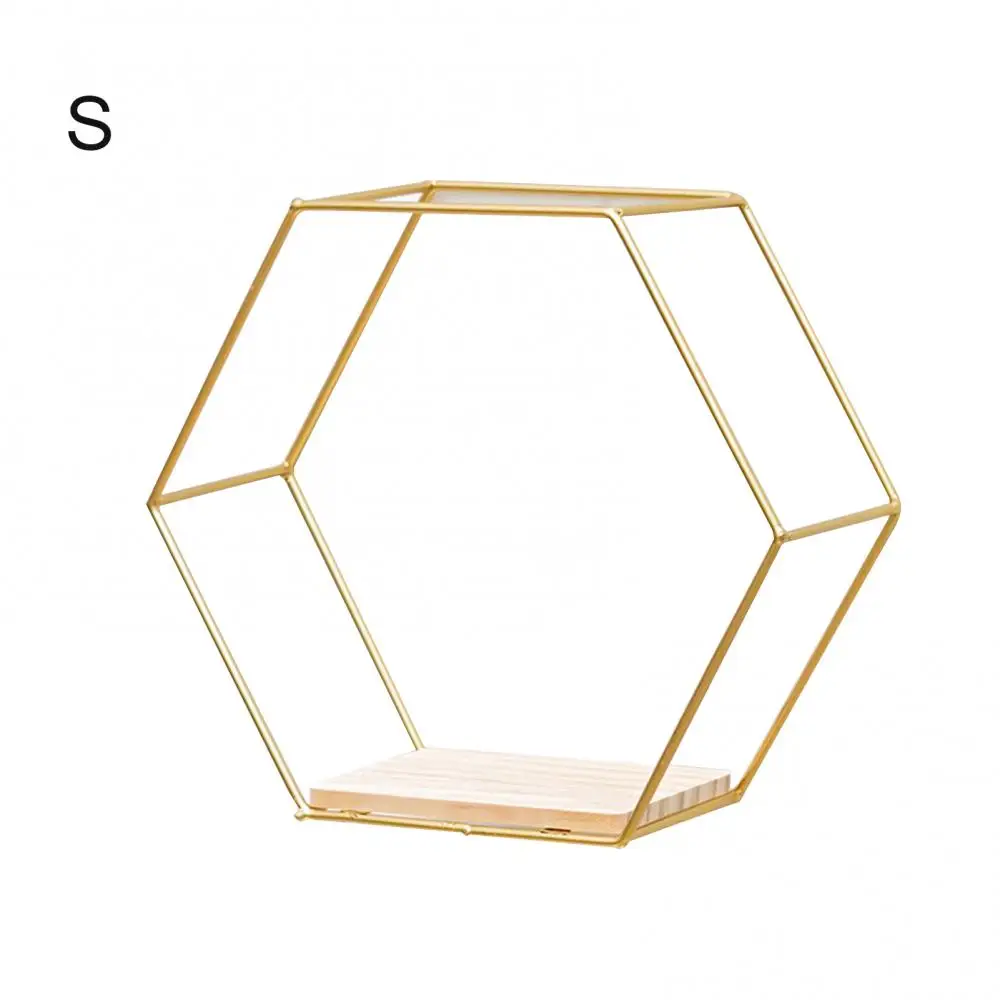 Wooden Board Metal Framed Storage Holder Rack Nordic Wall Mounted Floating Hexagon Shelf Geometric Frame Stand Rack Home Decor