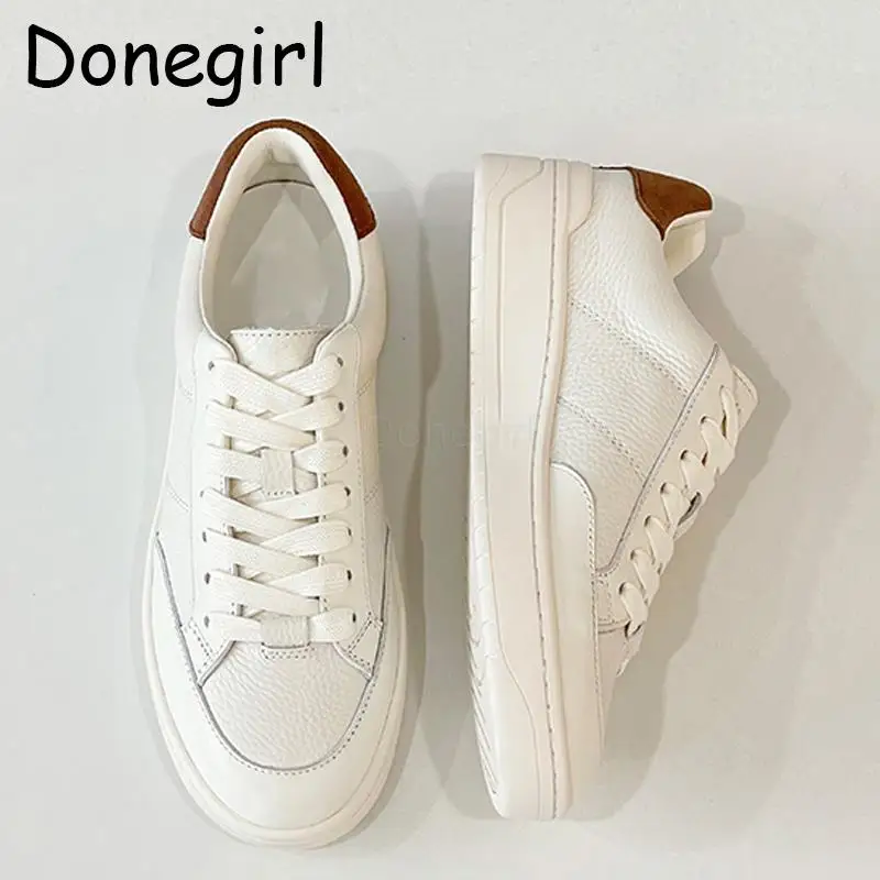 Donegirl 2023 Spring Summer New Women Fashion Leather Round Neck Splicing Flat Shoes Solid Basic Versatile Sneaker Female Chic