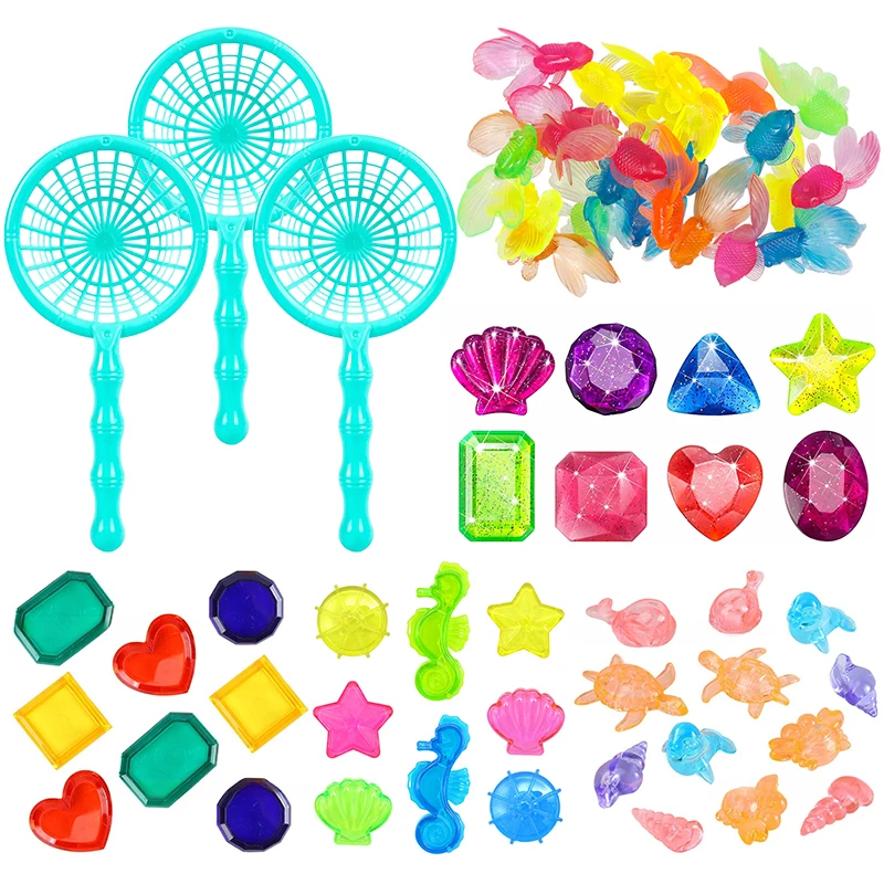 Juego de red de pesca de pez dorado simulado, colores mezclados al azar, gemas de plástico de pez dorado, accesorios para juegos acuáticos DIY para piscina ZYF