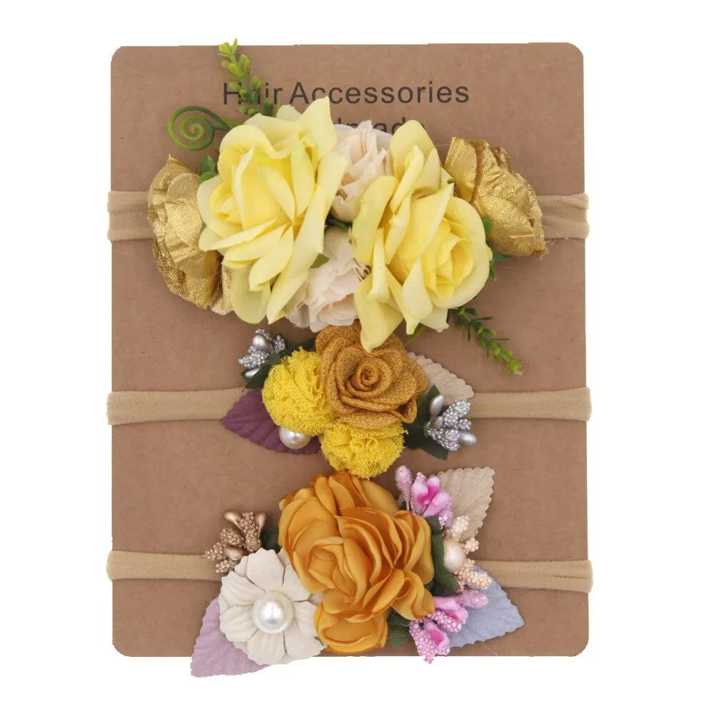 3PcsFlower Baby Girl Headbands Elastic Nylon Baby Headwear Elastic Turban Newborn Hair Accessories