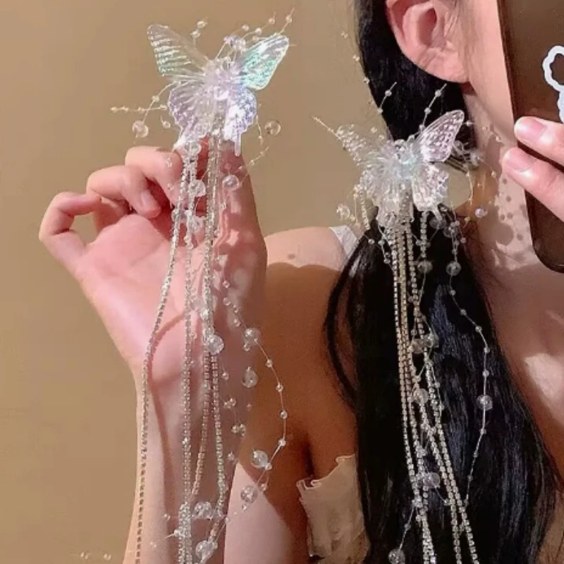 1Pc Long Butterfly Beaded Tassel Hair Clip for Women Fairy Temperament Sweet Princess Hairpin Bride Hair Styling Accessories New