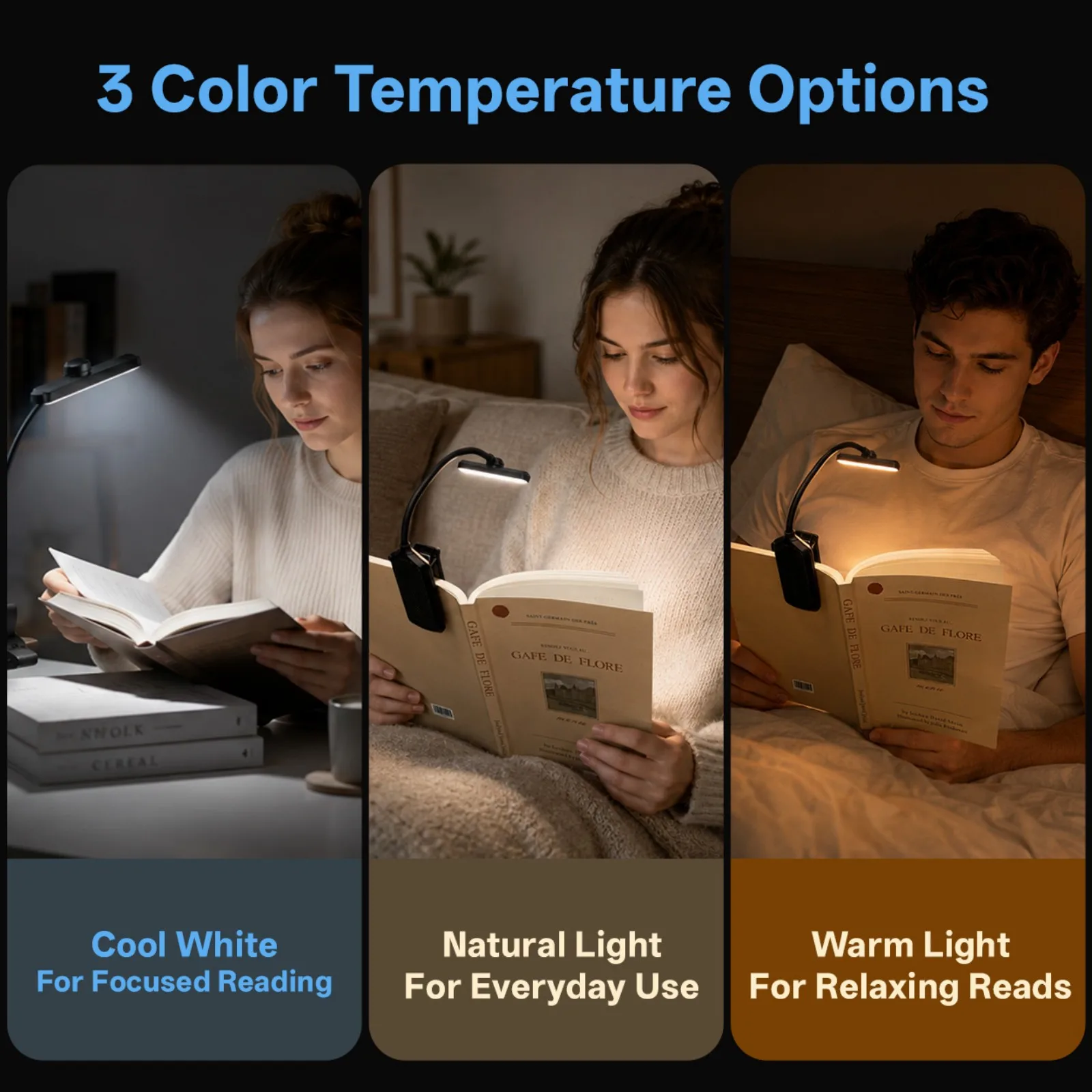 Bild 5: PZSUNLY Clip-On LED-Buchleuchte, USB-wiederaufladbar, Augenschutz, dimmbar, 3 Farben, tragbare Leseleuchte, Mini-Nachtlicht für Bett, Studium, Reisen, Kinder