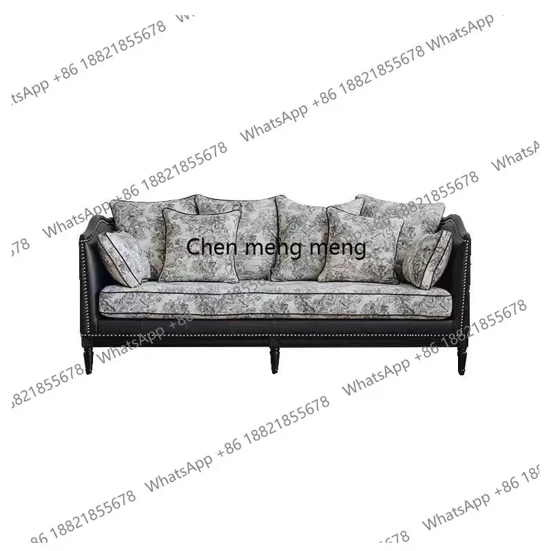 American retro solid wood sofa three-person black and white flower printed rivet decorative sofa