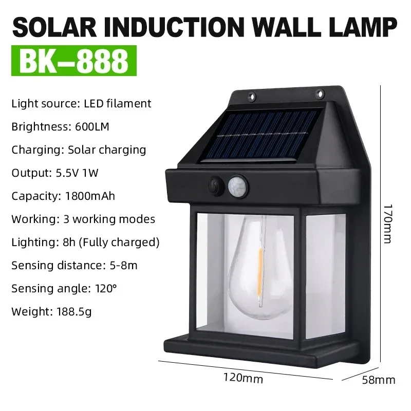 Lâmpada de parede, Luz noturna, Iluminação exterior, Pátio, Jardim, Villa, Novo, Impermeável, Indução Inteligente, Lâmpada de Tungstênio Solar