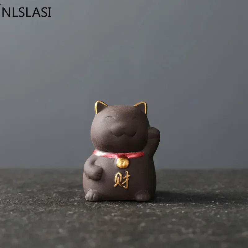 NLSLAISI 1 PCS Yixing Purple Clay Small Tea Pet Lucky Cat Figurine Ornament Boutique Tea Accessories Crafts Home Tea Decoration