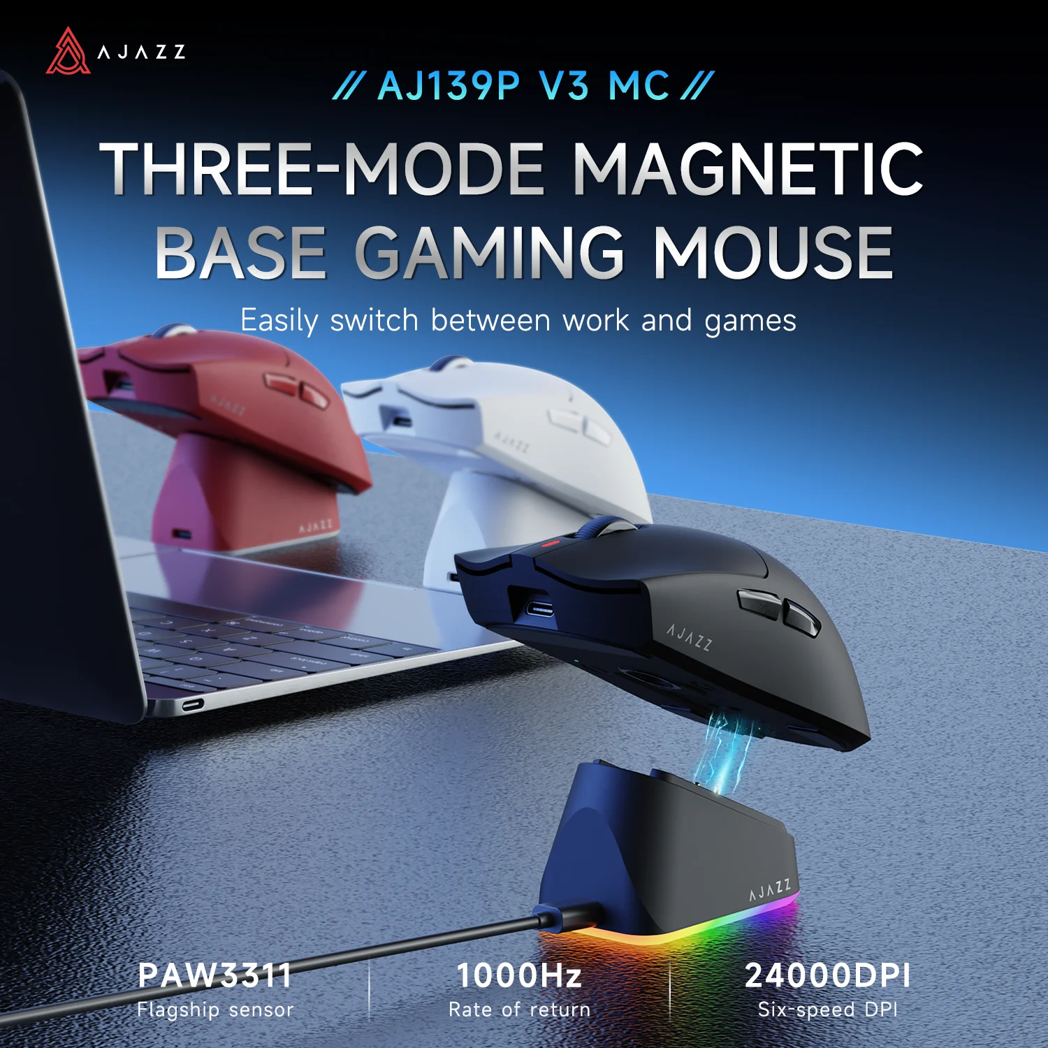 Ajazz AJ139P V3 MC Wireless Gaming Mouse Magnetic Charging Base PAW3311 Sensor Tri Mode Long Range Office Mouse DPI24000
