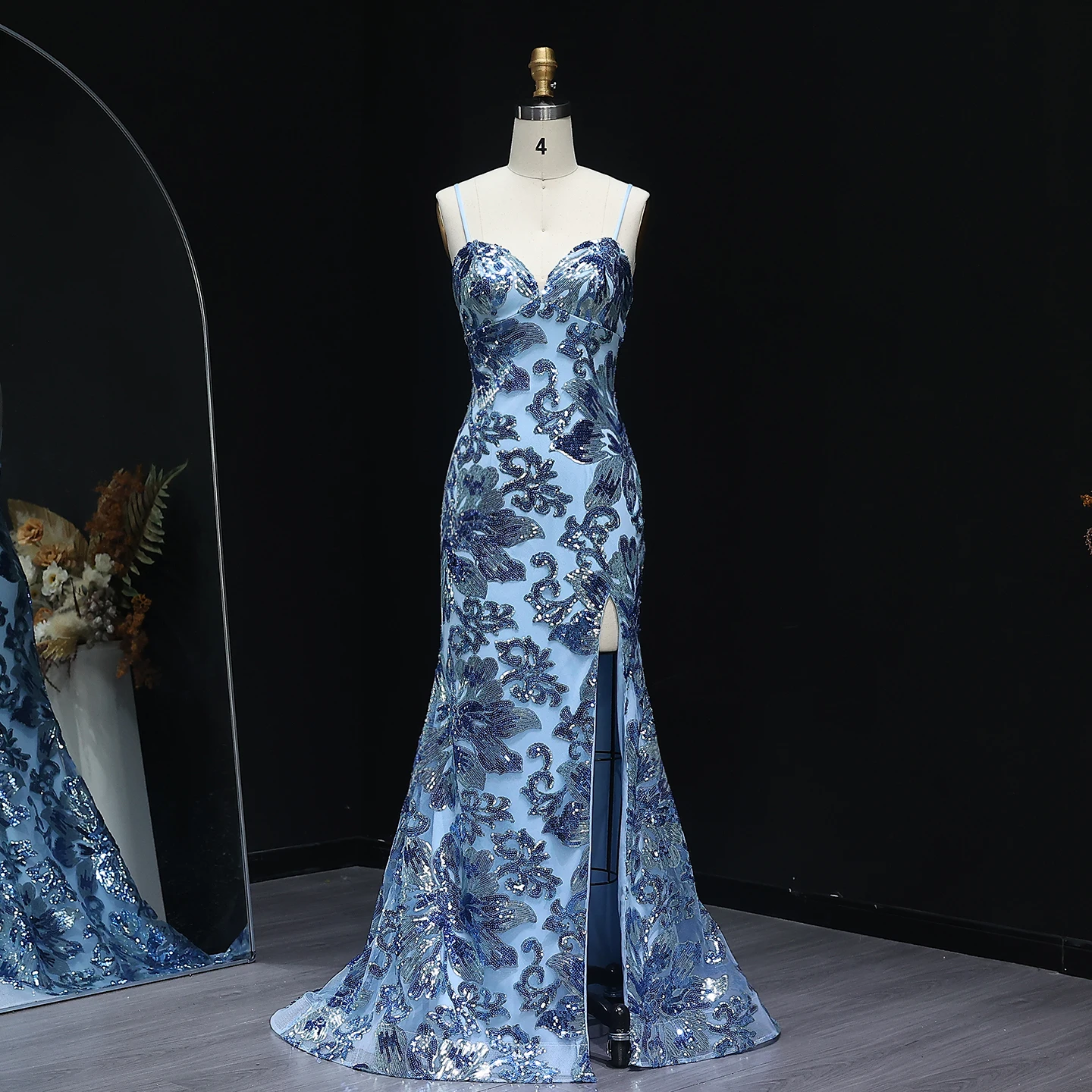 

Sharon Said Stunning Blue Mermaid Prom Dresses with Slit Floral Sweetheart Exquisite Evening Gowns SH253 Customized