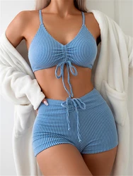 Vertical Stripes Swimsuit 2024 Women High Waist Bikini Set Drawstring Front Swimwear Female Padded Bathing Swimming Suit Summer