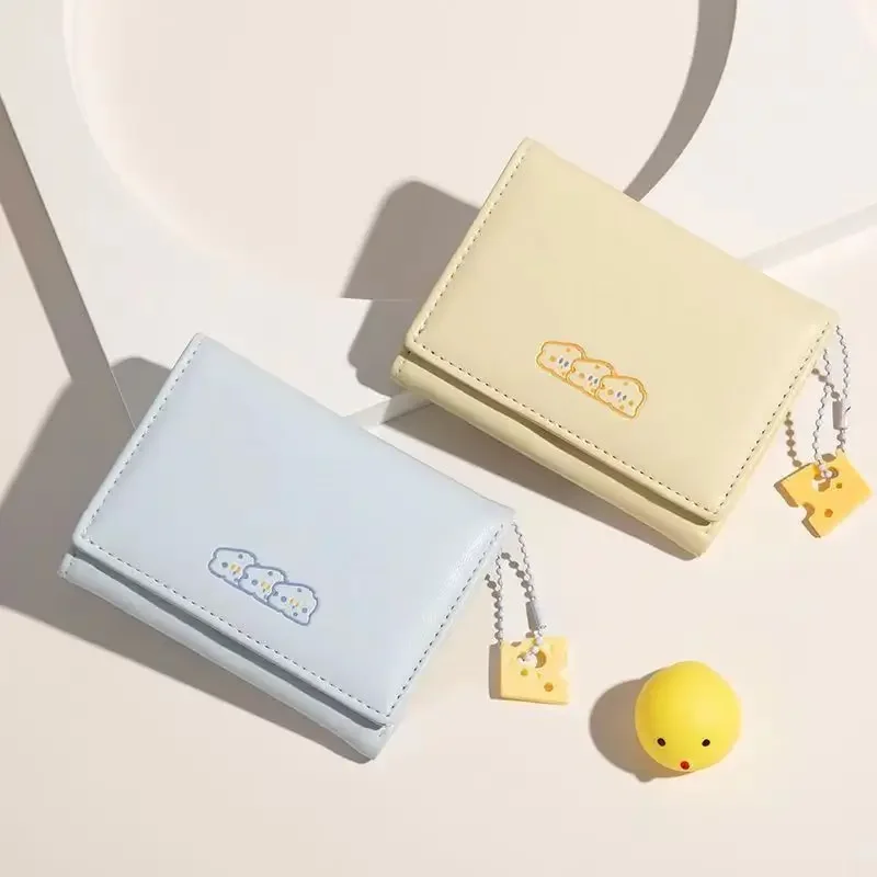 Cheese-cartera corta de cuero con dibujos animados para mujer, monedero de gran capacidad con broche, tarjetero triple