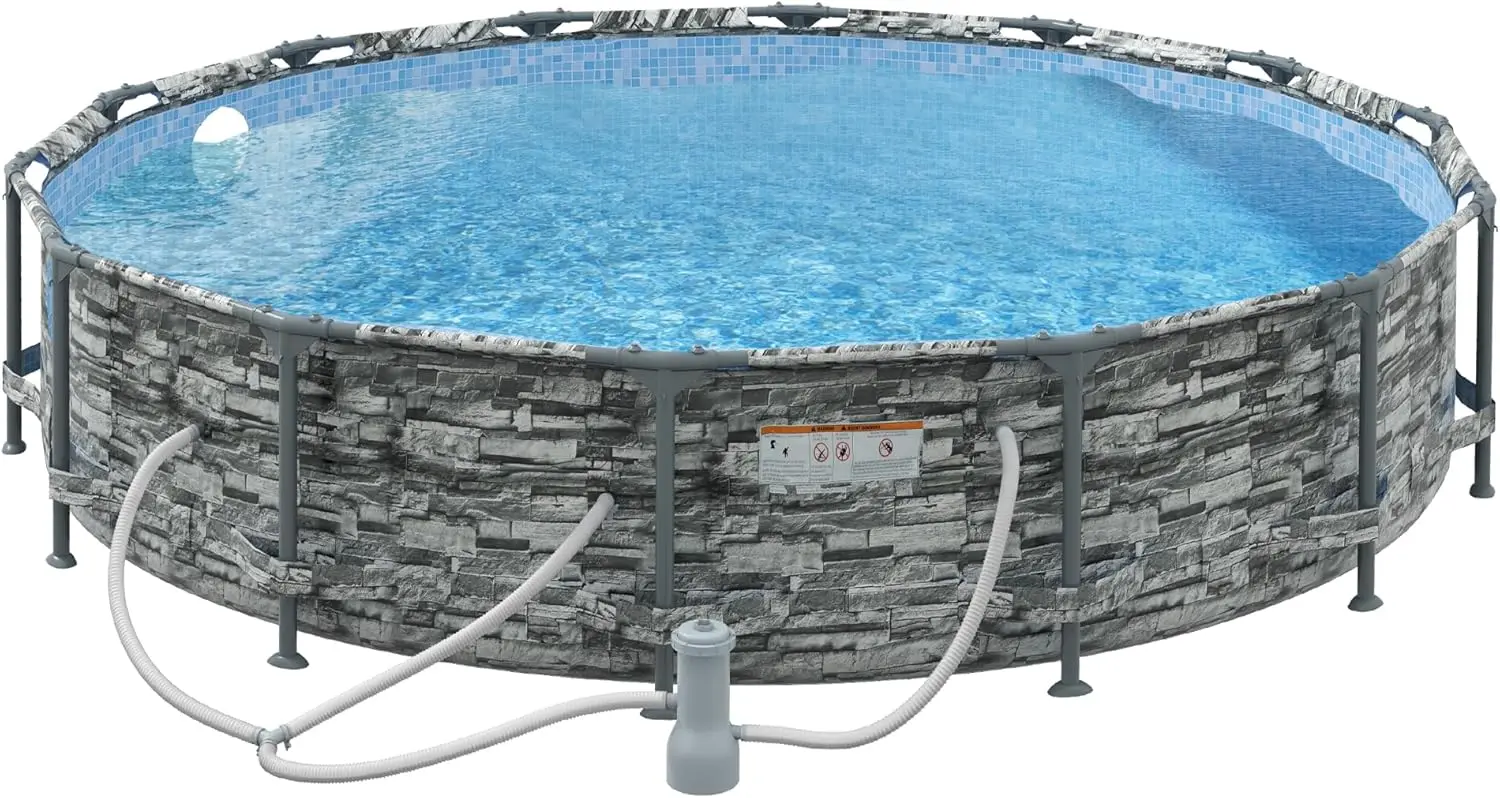 

Outsunny 14' x 33" Round above Ground Swimming Pool, Steel Frame Pool with Cartridge Filter Pump and Repair Patch,Gray and Black