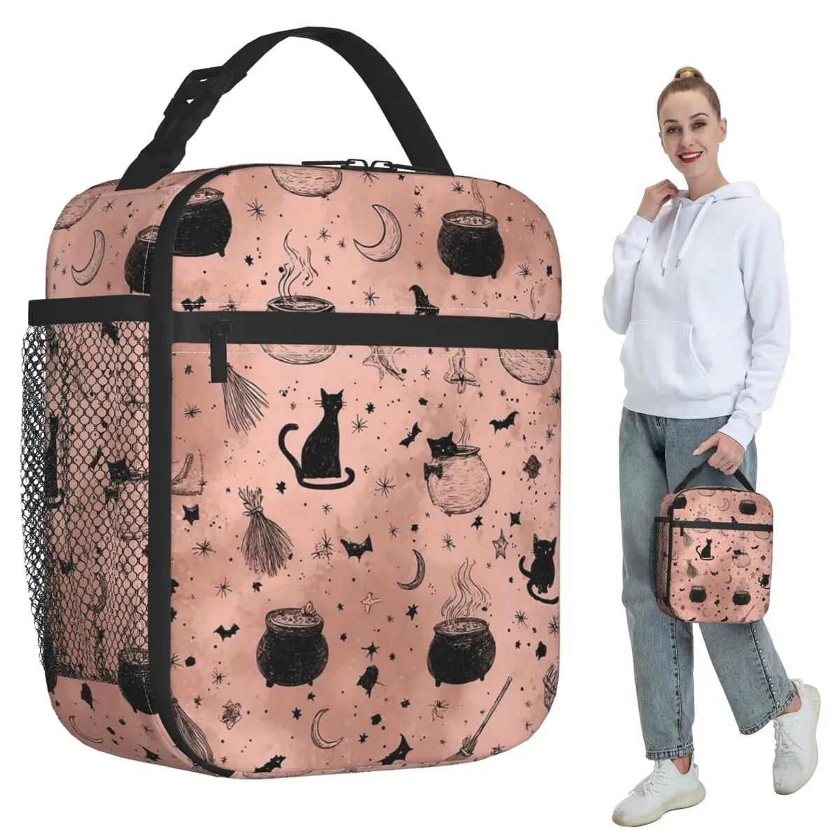 Cat Heads Witch Element And Skeleton Insulated Lunch Bag for School Cooler Thermal Food Box Tote Leakproof Lunch Boxes Container
