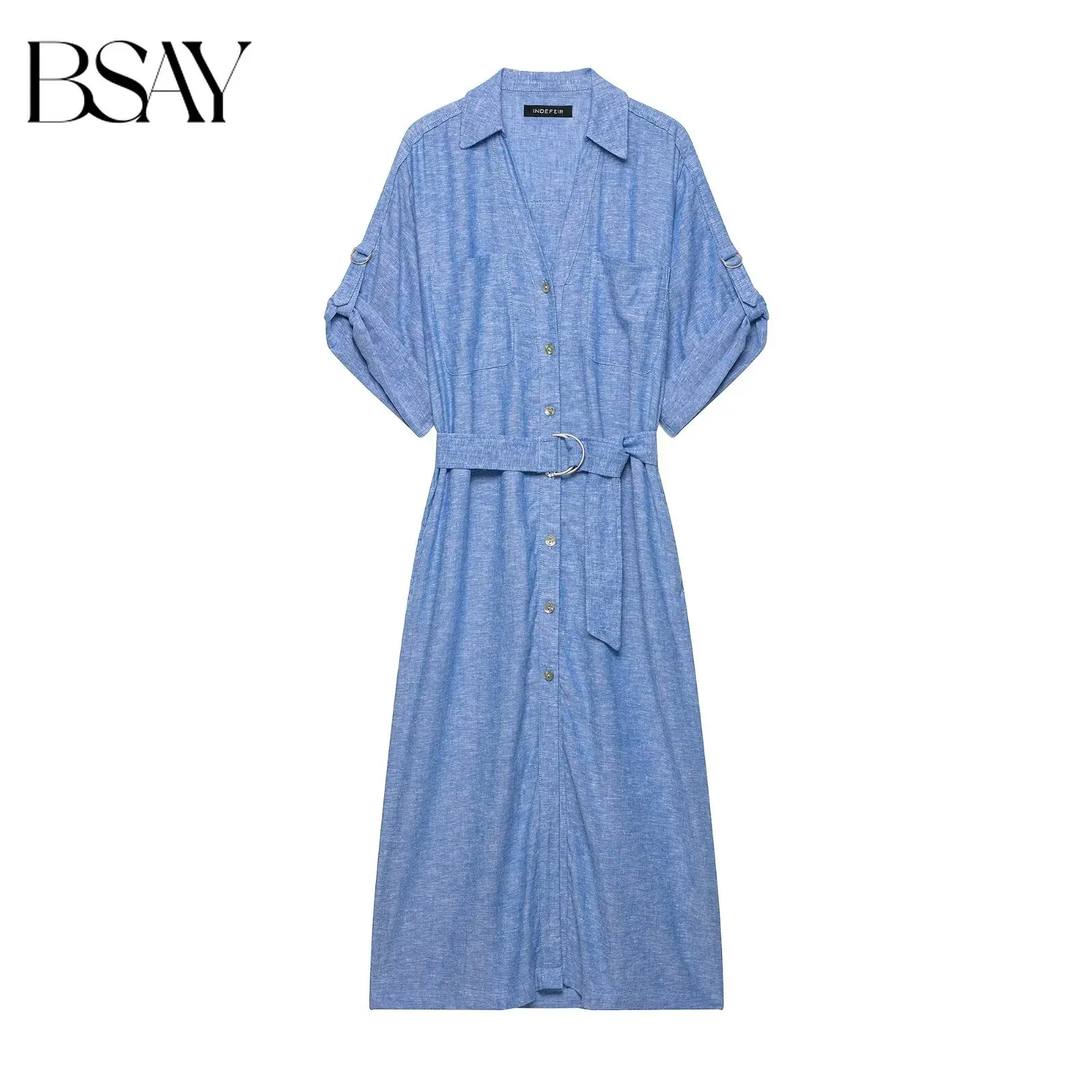 Летнее женское модное платье-рубашка миди BSAY 2026 с поясом, отложным воротником, рукавом до локтя, на пуговицах, с передними карманами, повседневное длинное платье