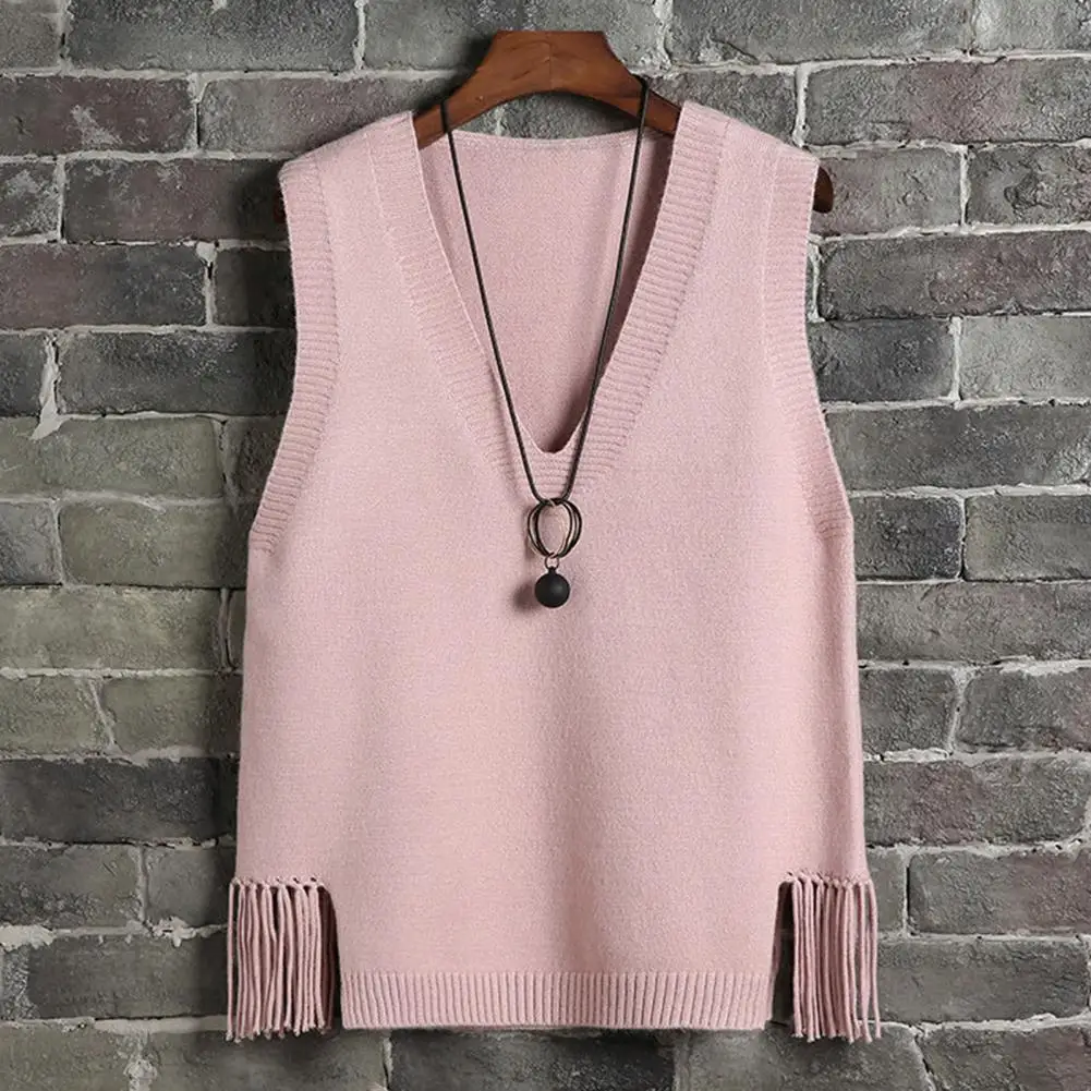 

Women Vest Knitted Solid Color Tassel Sleeveless V Neck Loose Pullover Soft Elastic Irregular Hem Lady Tank Top Sweater Top