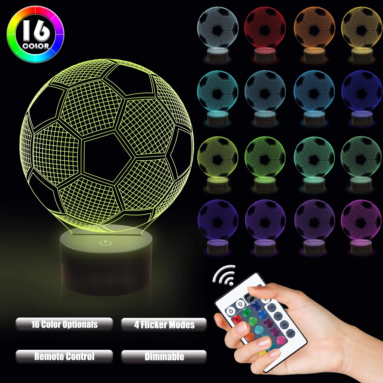 Luces nocturnas de fútbol para niños, ilusión 3D, luces de fútbol, 16 LED, cambio de Color remoto, mesa táctil, lámparas de escritorio, decoración de cumpleaños y Navidad