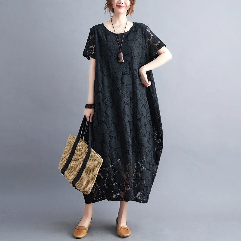 

Plus Size Color Lace Hollow out Dr Large Size Women's round Ne ort Sve Long Dr Casual on Skirt Summer Dr