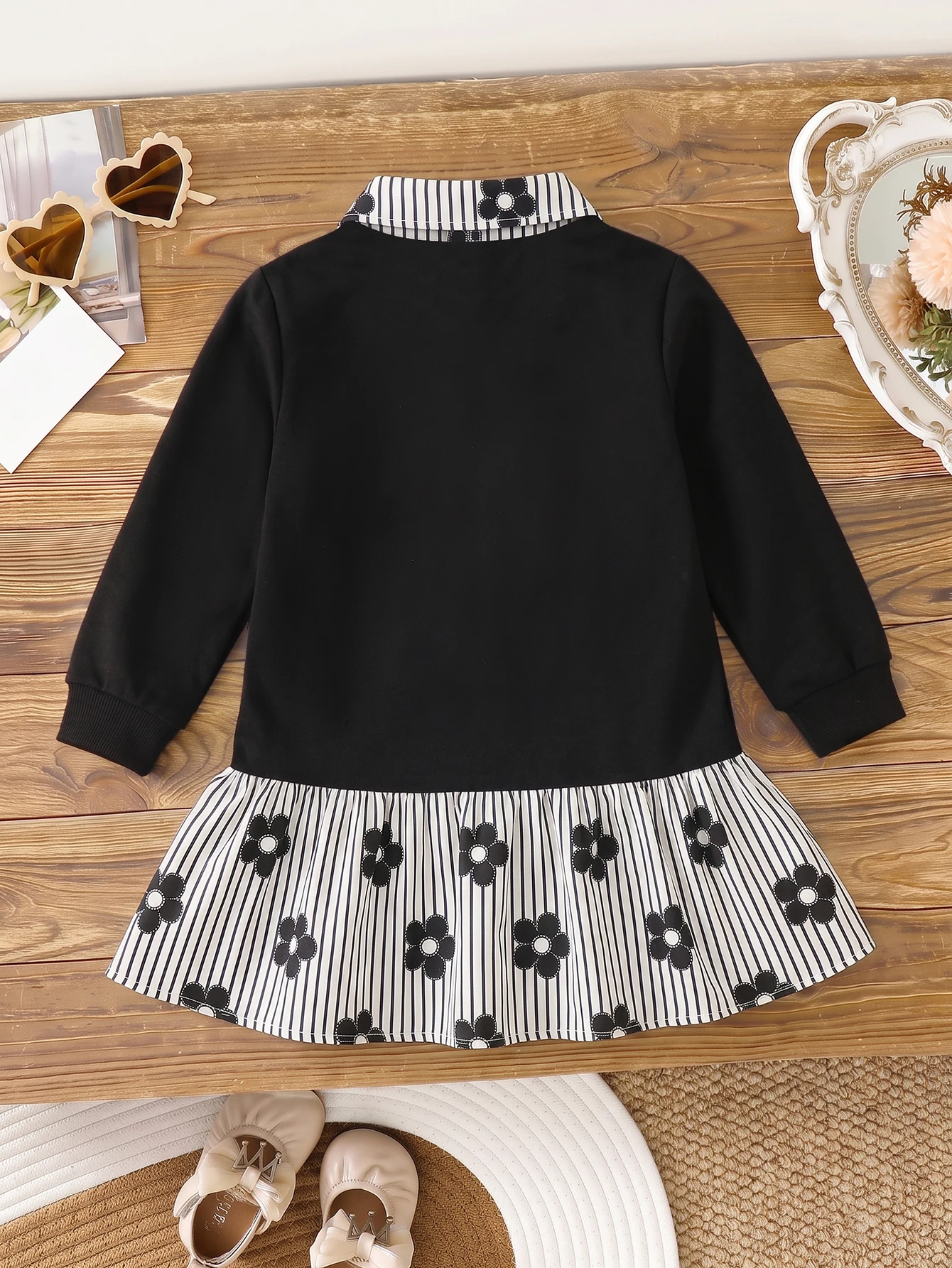 Girls Faux Two‑Piece Dress Long Sleeve V‑Neck Vest Spliced Striped Shirt Dress Floral Print Ruffle Hem Kids Dress for 4‑7 Years