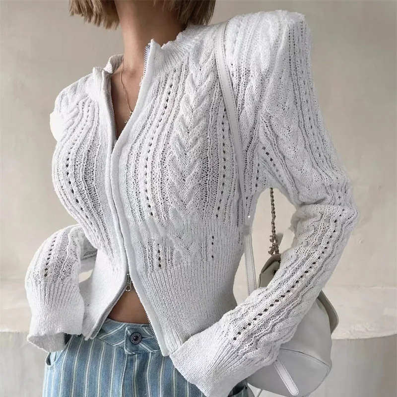 Women's Fashion Stand Collar Cardigans Jackets Elegant Zipper Hollow Out Knitted Casual Shoulder Pads Long Sleeve Solid Coats