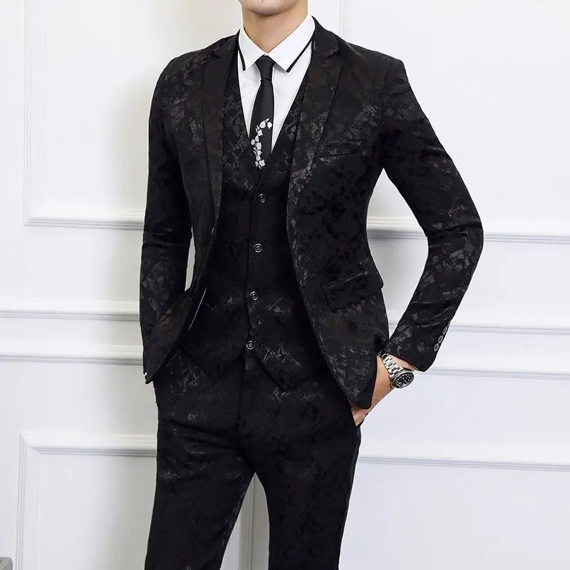 

A584British style men's slim fitting banquet dress, groom's wedding dress, nightclub dark flower performance suit set