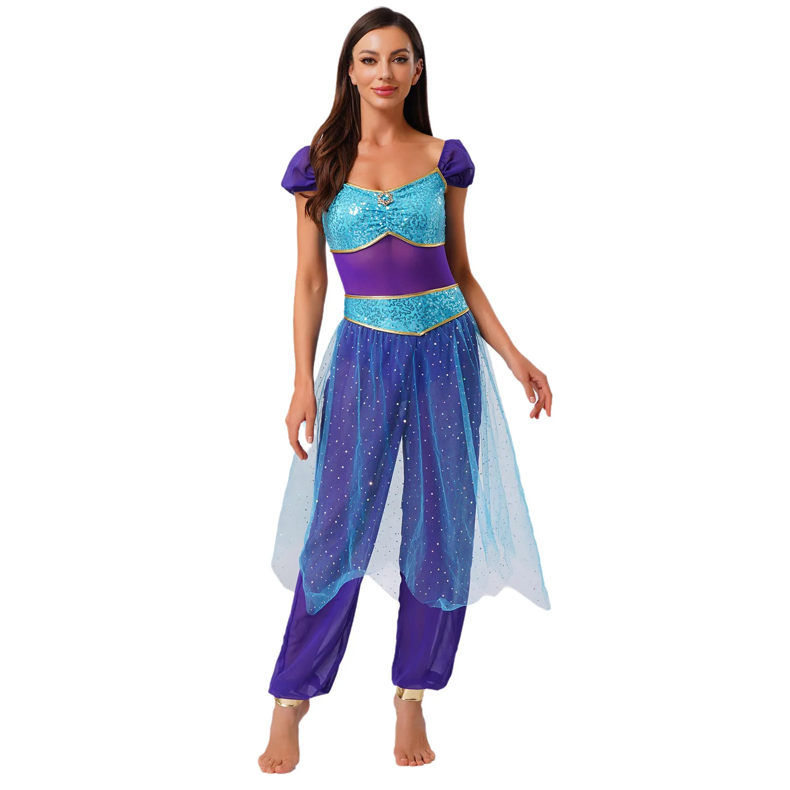 

Festival Halloween Arabian Princess Costume Indian Dance Jumpsuit Gem Decor Sequin Tulle Overlay Dresses for Women Cosplay Party