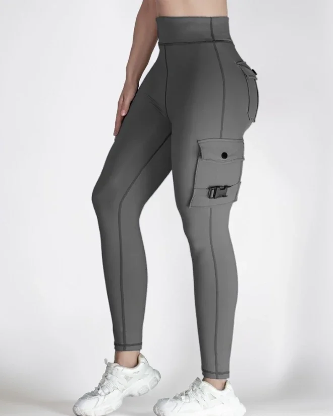 Women 2025 Spring Fashion Pocket Design Active Pants Casual High Waist Plain Skinny Daily Long Sports Yoga Leggings