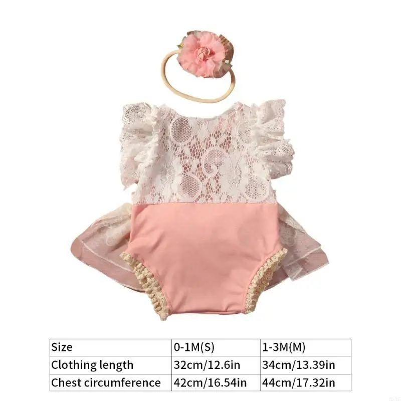 A5YC طقم بدلة رومبير مريحة للأطفال من الدانتيل مع كشكشة رقيقة وعقدة فيونكة لالتقاط صور أنيقة #6