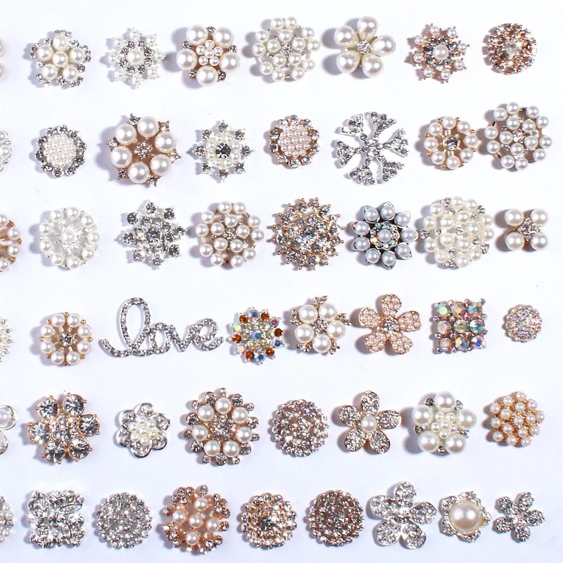 50PCS Chic Bling Rhinestone Buttons With Ivory Beads For Hair Accessories Jewelry Accessories Bead For Women Decoration U Pick