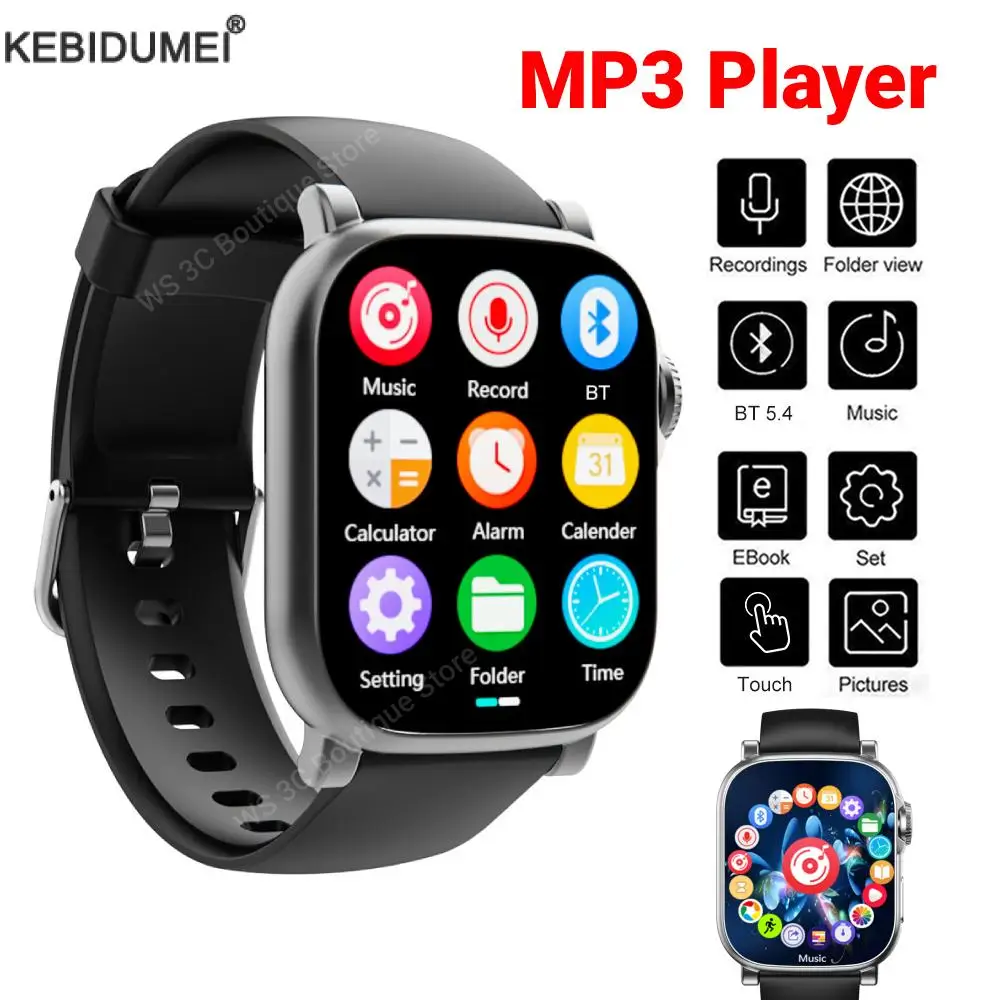 بلوتوث 5.4 ساعة مشغل MP3 شاشة لمس كاملة 8/16/32 جيجابايت يمكن ارتداؤها مشغل موسيقى رياضي صغير يدعم تشغيل الفيديو الكتاب الإلكتروني