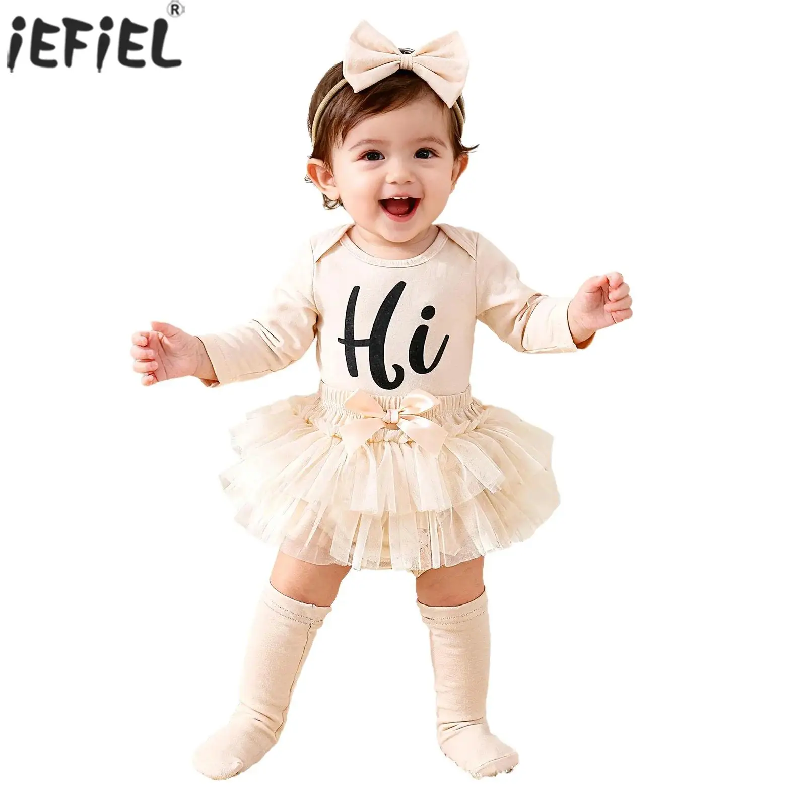 

Комбинезон для новорожденных девочек, комбинезон с длинными рукавами и буквенным принтом, тюлевые шорты с бантом, носки, головные уборы, комплекты для дня рождения