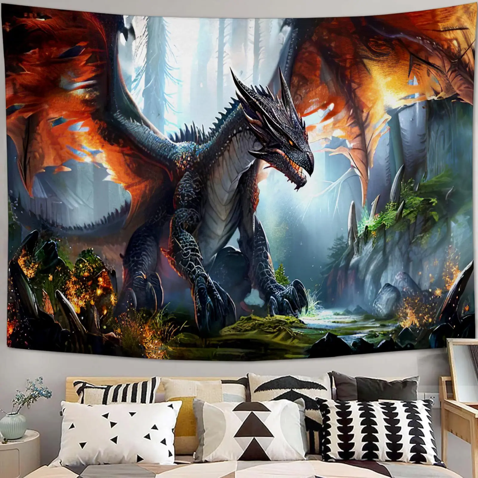 Fantasy Dragon Wall Tapestry Fire and Forest Scene Art Print Boho Home Decor Mythical Creature Design Room Decoration Fashion