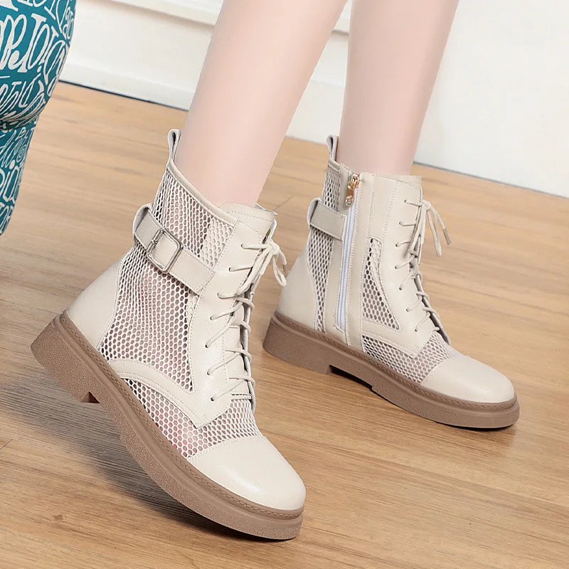 Spring Fashion Women Summer Mesh Lace-up Short Ankle Boots Versatile Casual Breathable Hollow Boots Platform Thin Shoes Grace