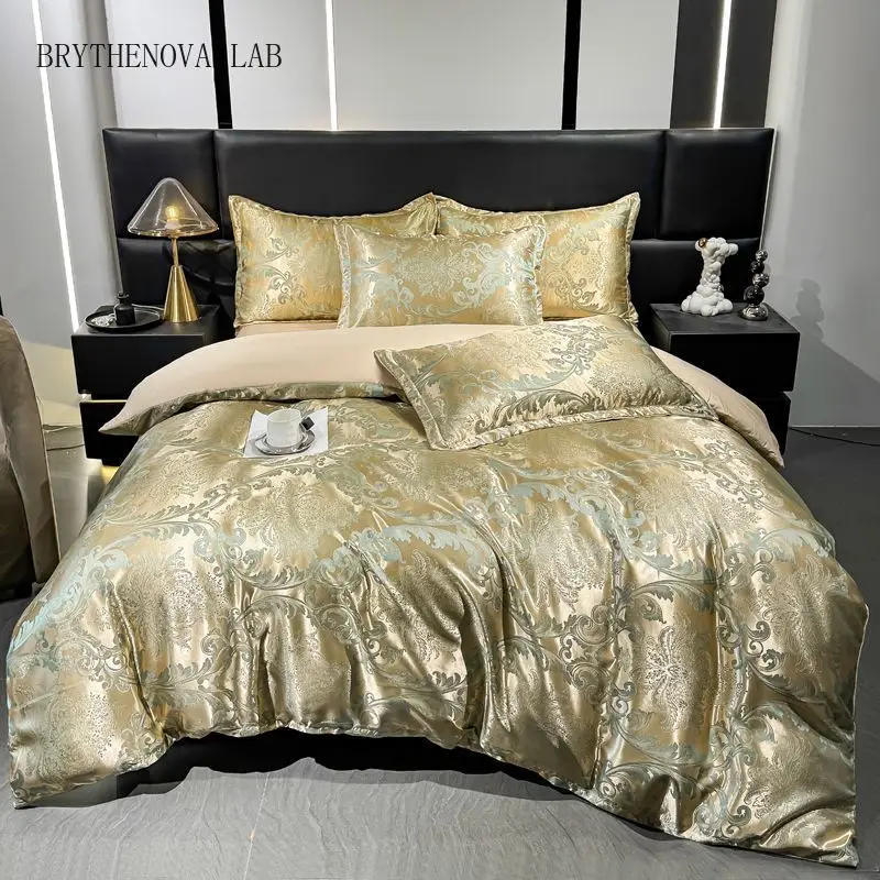 luxury European-style ice silk jacquard four-piece set, brocade Quilt Cover, Summer Bed Sheet, Bedding Washed Four-piece Set