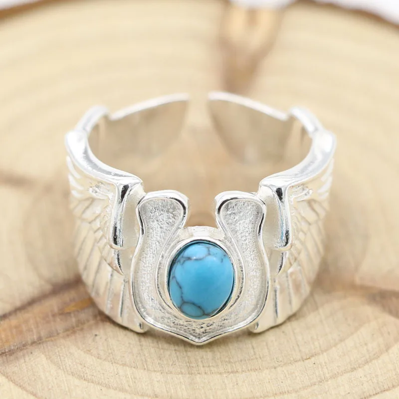 

Fashionable 925 Sterling Silver Angel Wings Open Ring for Men with Plain Silver Inlaid Turquoise Ring for Women with Trendy Liqu