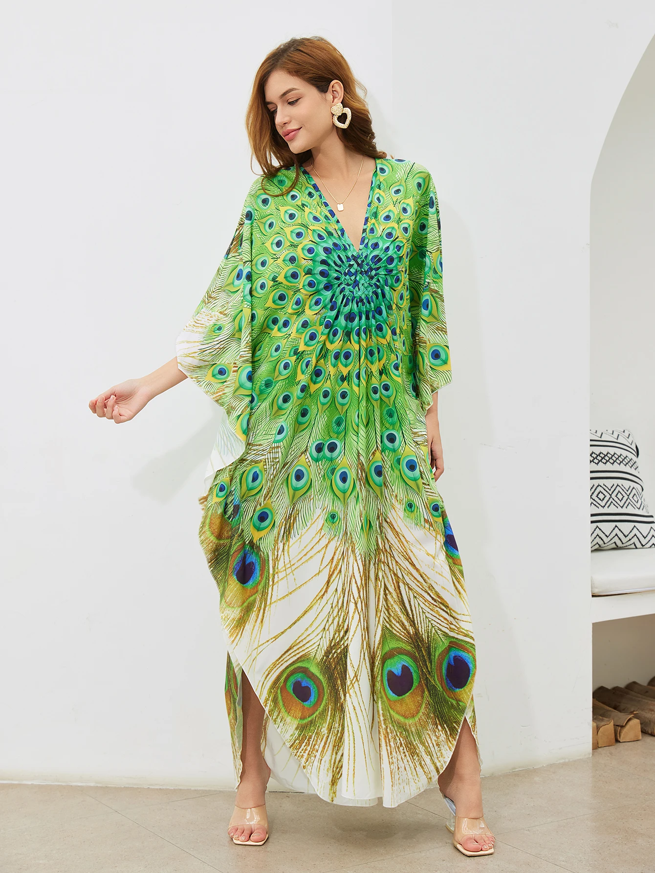 2024 Chic Peacock Feather Print Plus Size Hand-knit V Neck Kaftan Summer Women Beachwear Swimsuit Cover Up Cosy House Robe Q1636