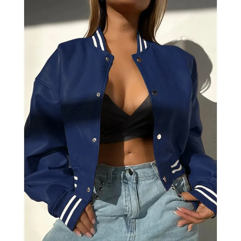 

Women Fashion Autumn Striped Baseball Single Breasted Jackets Fall Winter Long Sleeve Coats 2YK Motorcycle Girls PU Leather Oute