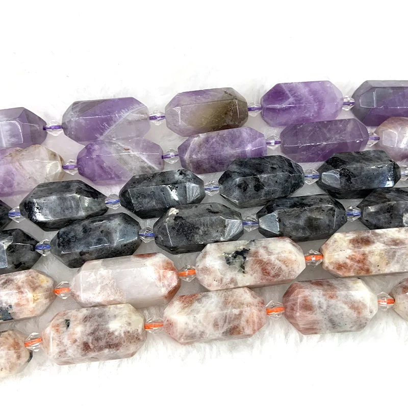 

Natural Amethyst Larvikite Sunstone Stone Beads 15'' Crystal Pillar Beads For Jewelry Making Beads DIY Necklace Pendant Gift