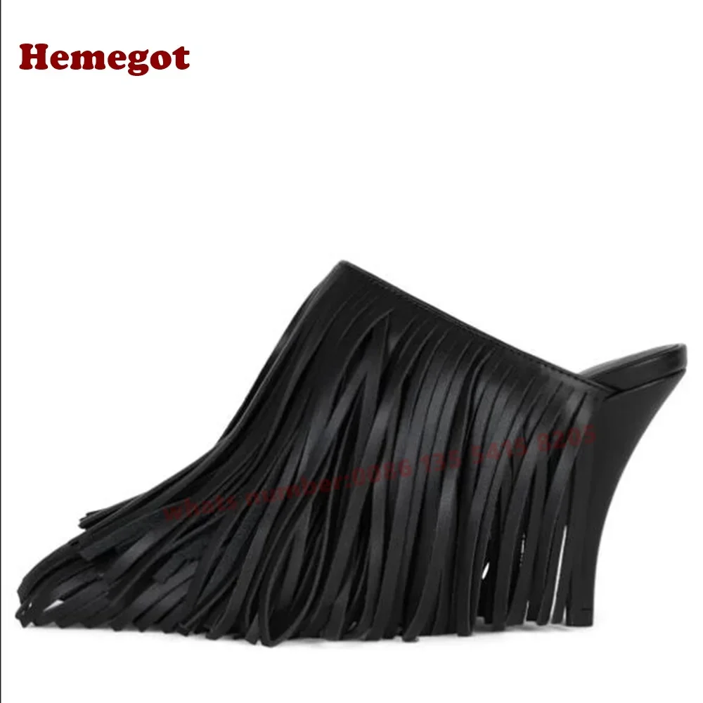 Black Tassel Stiletto Heels Slippers Round Toe Fringe Thin Slip On Women\'s Mules Leather Solid Summer Outside Casual Shoes Sexy