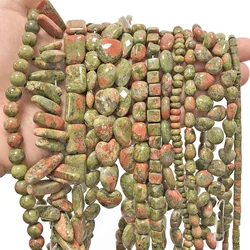 Natural Unakite Stone Beads Charms Heart Faceted Waterdrop Cube Geometric Round Shape Beads Loose  Beads For Diy Bracelet