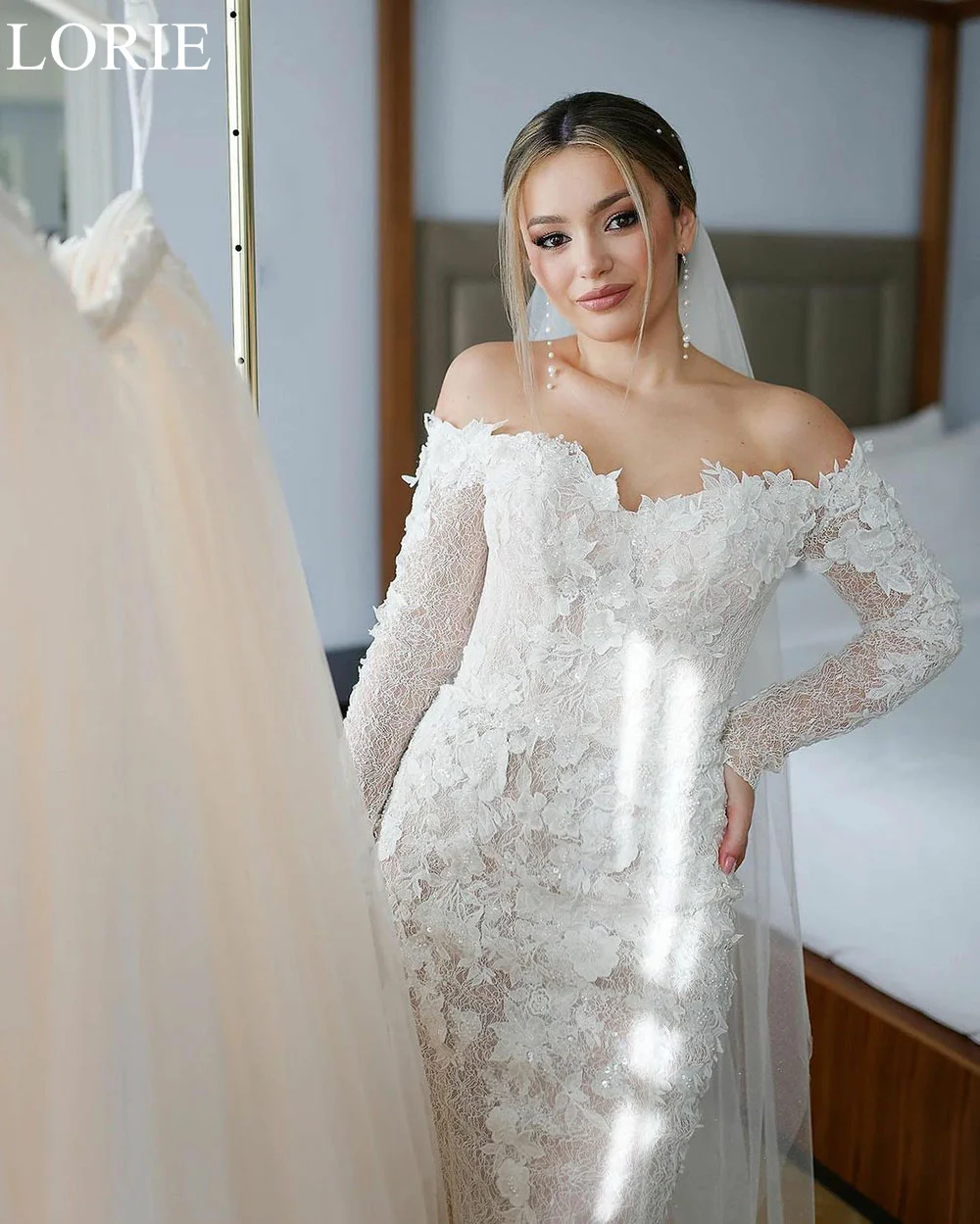 LORIE Sweetheart Sirena Abiti da sposa BOHO Lusso Pieghettato Applicazioni in pizzo Treno staccabile Maniche lunghe Abito da sposa Personalizzato