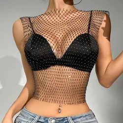 Sexy Top Women Shiny Rhinestone Fishnet Women Y2K Tank Crop Tops See Through Summer Beach Cover Up Tops Party Nightclub Clothing