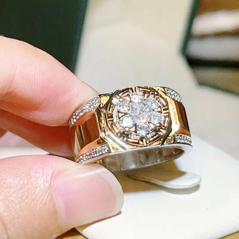 925 Sterling Silver Hot Selling European And American Fashion Two-Color Full Diamond Men'S Ring Niche Versatile Cool Jewelry