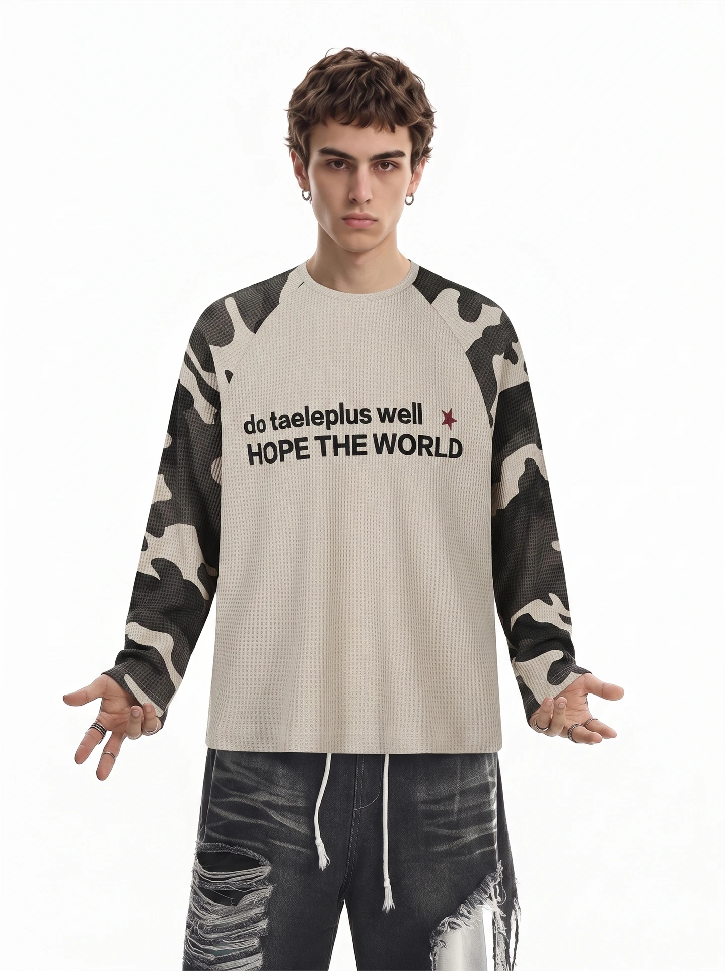 BETEBULE American High Street Letter Print Camouflage Long Sleeve T-Shirt Men's Trendy Loose Top for Autumn Youth Fashion