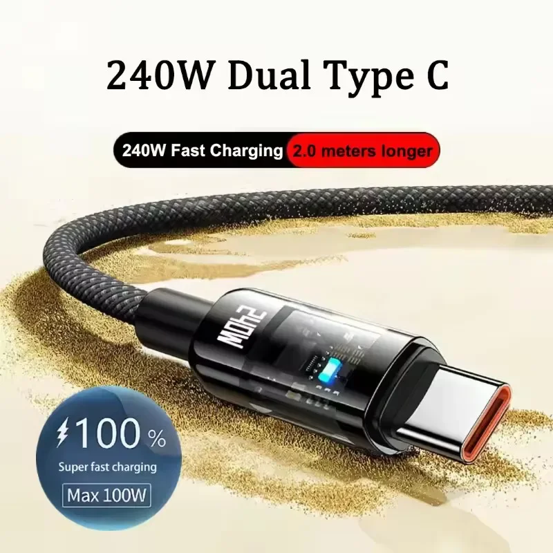 240W Cable QC 3.0 Super Fast Charging Data Cord USB to Type C Cable LED Digital Display Phone Charger For Samsung Xiaomi Cable